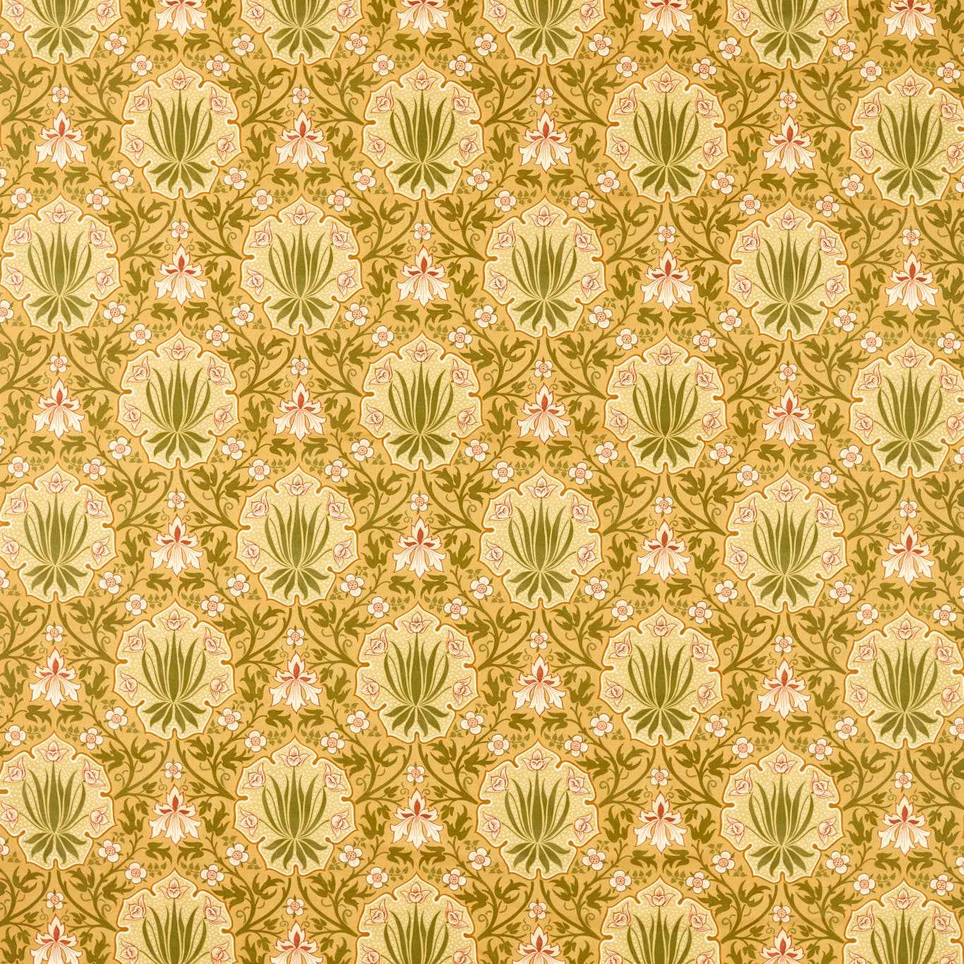 Ochre-gold textile with olive leaves and blush rose floral sprays