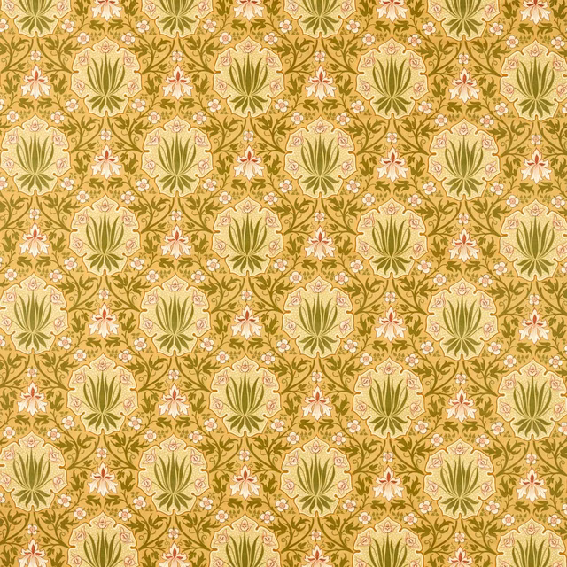 Ochre-gold textile with olive leaves and blush rose floral sprays