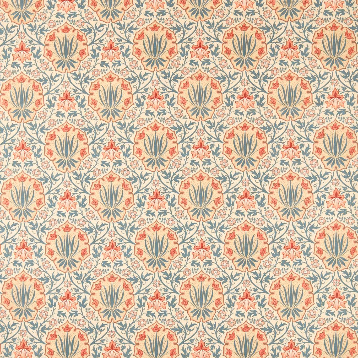 Cream floral fabric with indigo vines, crimson blooms and olive leaf details