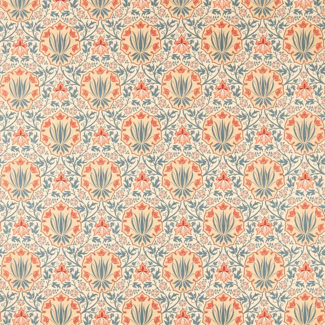 Cream floral fabric with indigo vines, crimson blooms and olive leaf details
