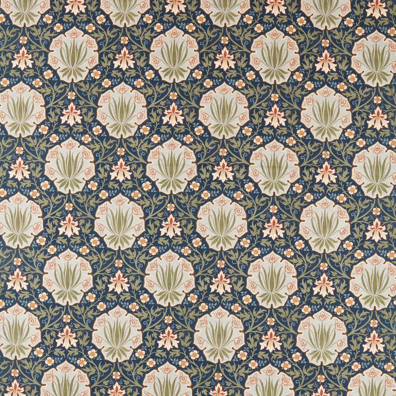 Indigo textile with sage floral medallions, peach blossoms and scrolling vines