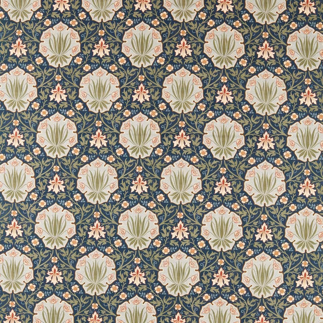Indigo textile with sage floral medallions, peach blossoms and scrolling vines