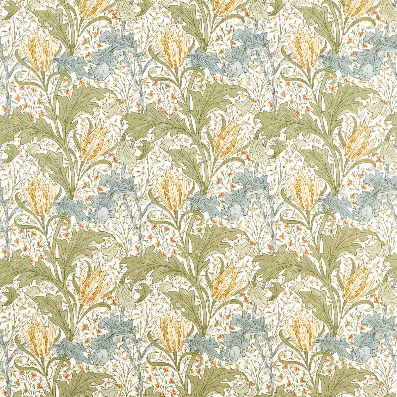 Ivory botanical fabric with sage leaves, blue foliage and lemon-yellow lily flowers