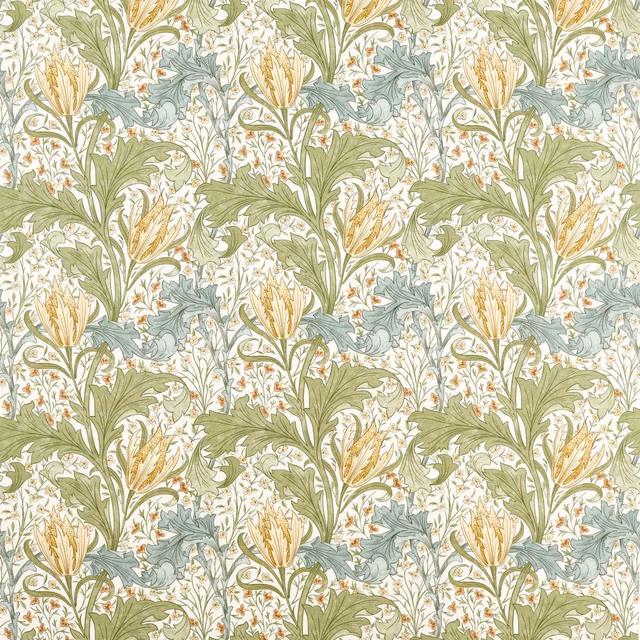 Ivory botanical fabric with sage leaves, blue foliage and lemon-yellow lily flowers