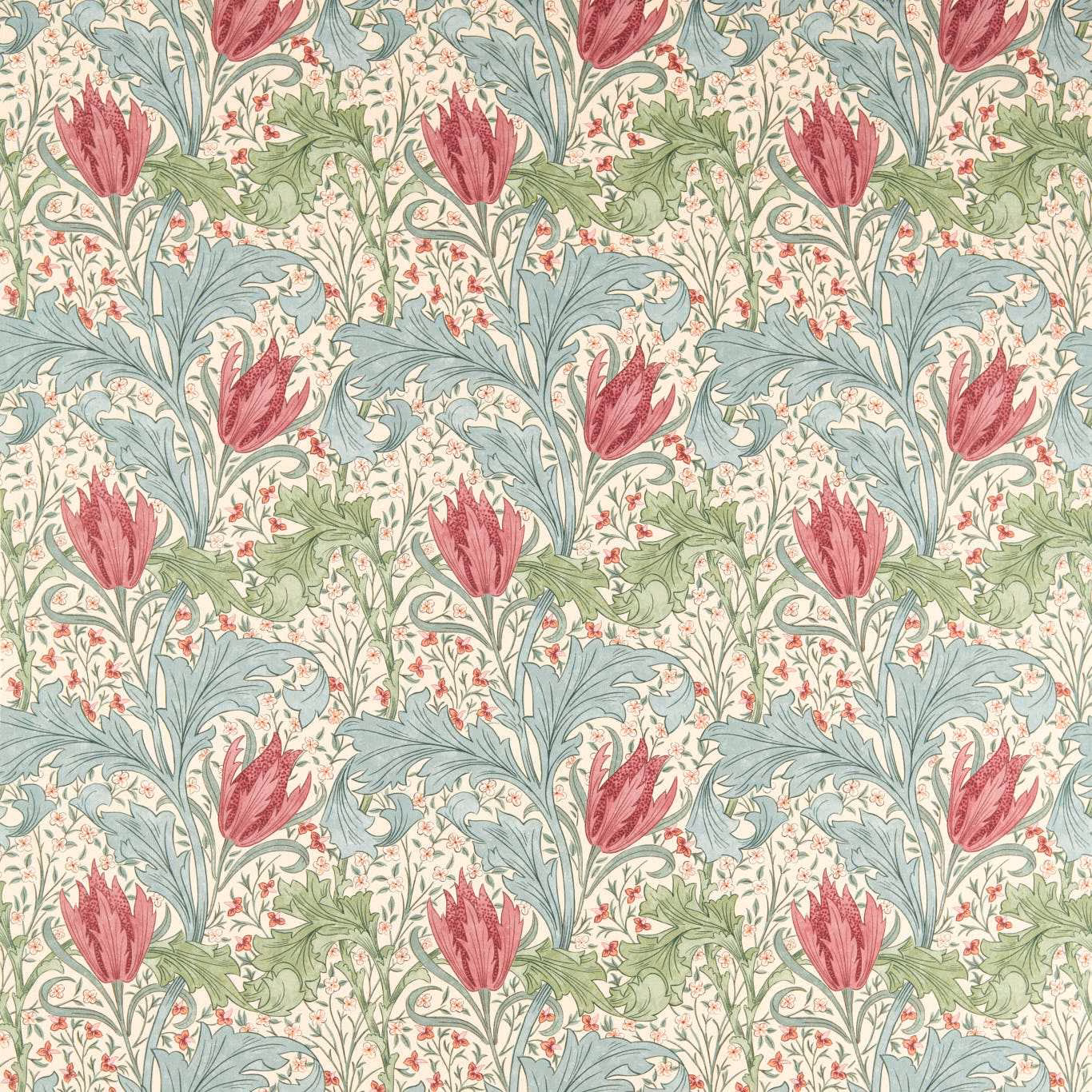 Cream floral fabric with plum tulips, bayleaf leaves and blue-grey scrolling foliage