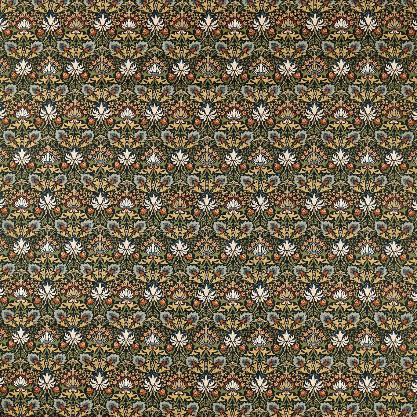Dense forest green botanical fabric with russet, cream and charcoal floral motifs