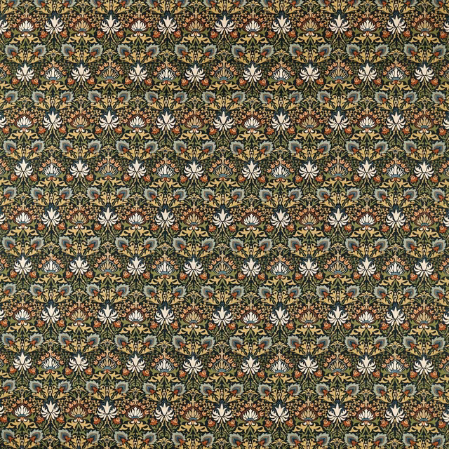 Dense forest green botanical fabric with russet, cream and charcoal floral motifs