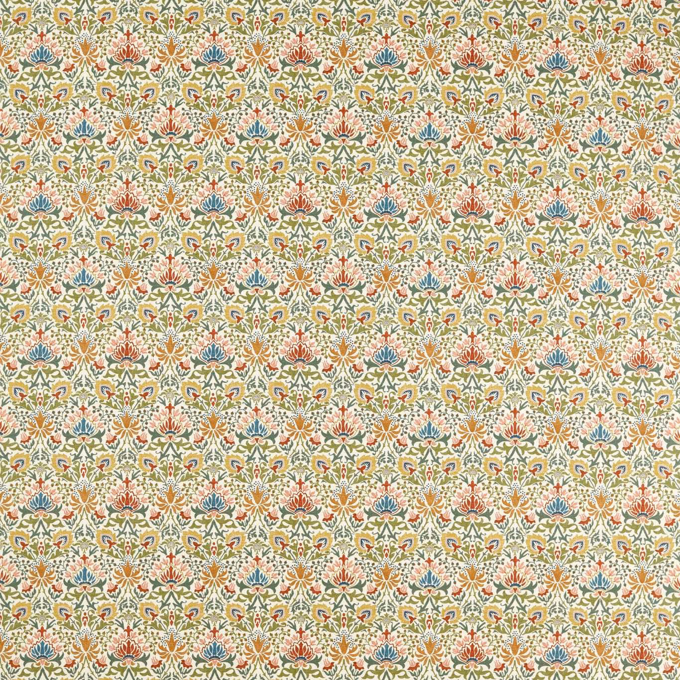 Dense small floral medallions in coral, teal and mustard on a pale ground