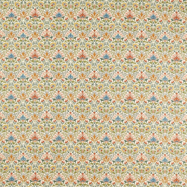 Dense small floral medallions in coral, teal and mustard on a pale ground