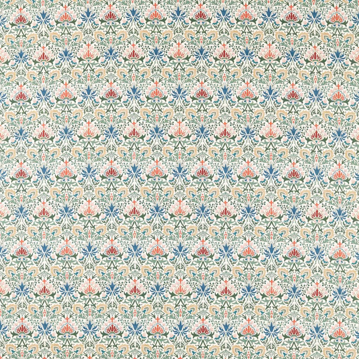 Cream floral fabric with dusty sage, teal and coral symmetrical motifs