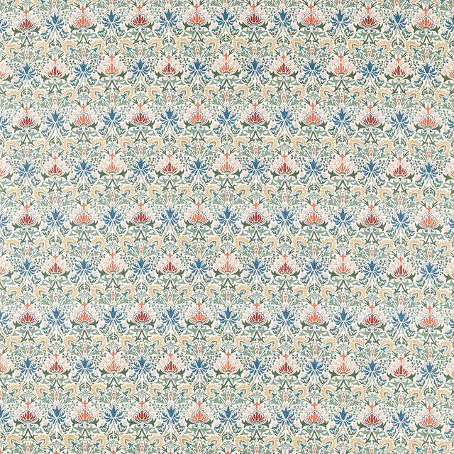 Cream floral fabric with dusty sage, teal and coral symmetrical motifs