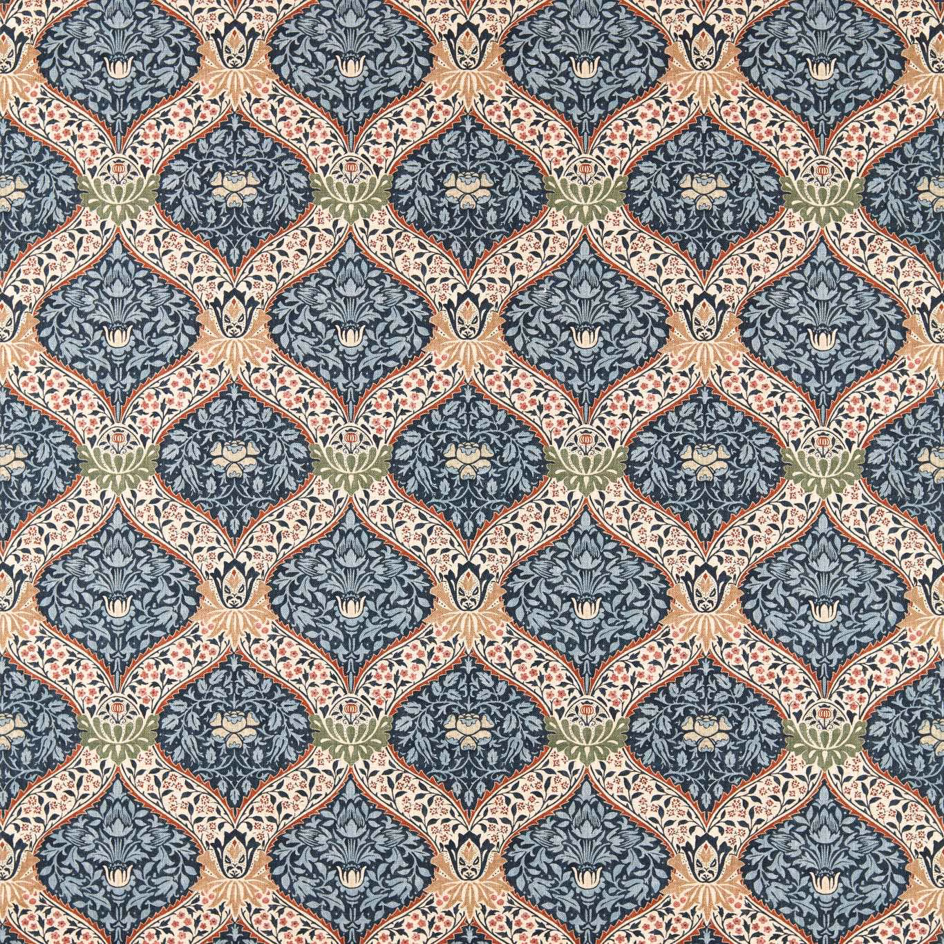 Indigo blue botanical lattice with cream, coral and olive scrolling foliage