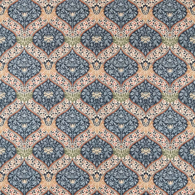 Indigo blue botanical lattice with cream, coral and olive scrolling foliage