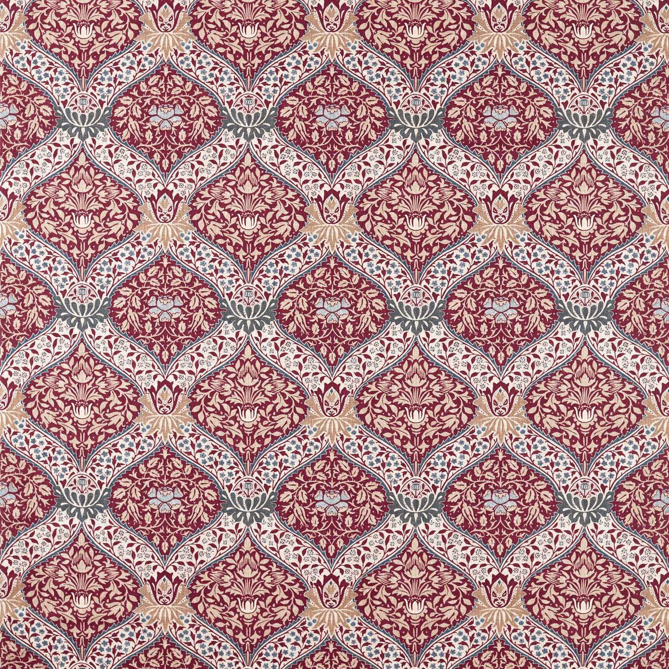 Deep madder-red lattice with cream florals and blue-grey woven accents