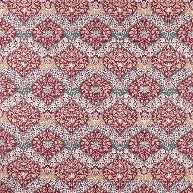 Deep madder-red lattice with cream florals and blue-grey woven accents