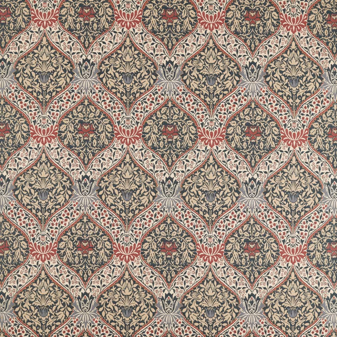 Slate and plum woven fabric with cream floral diamonds and ornate scrolling lattice