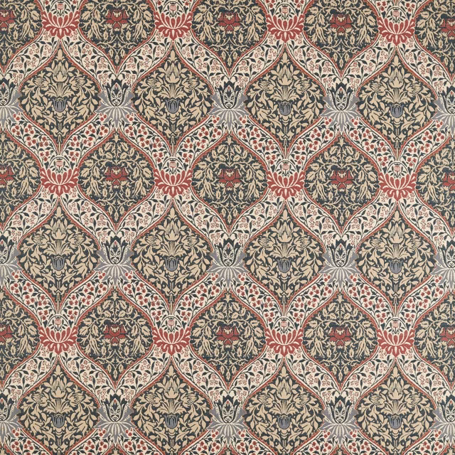 Slate and plum woven fabric with cream floral diamonds and ornate scrolling lattice