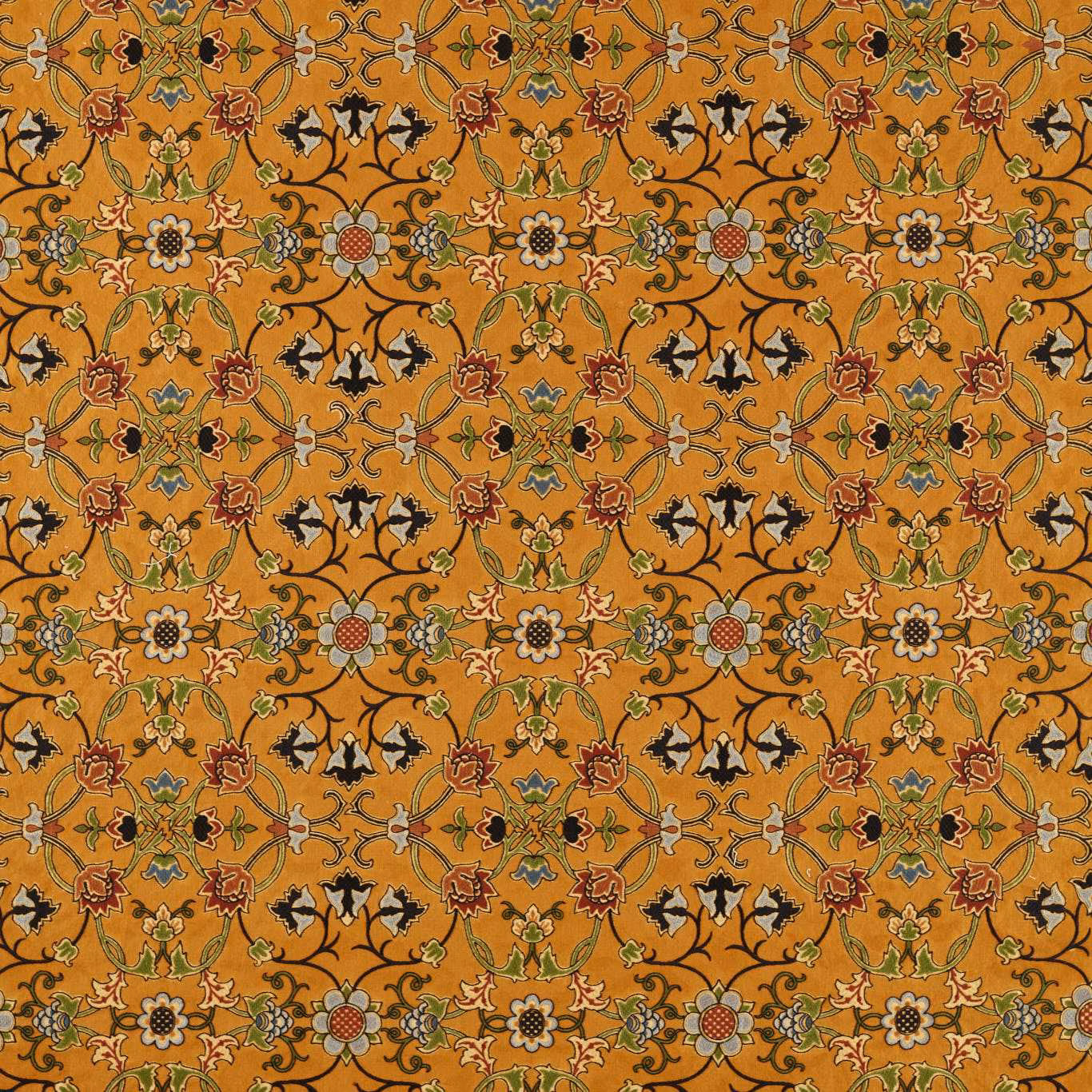 Burnished ochre textile with scrolling vines, floral medallions and black accents