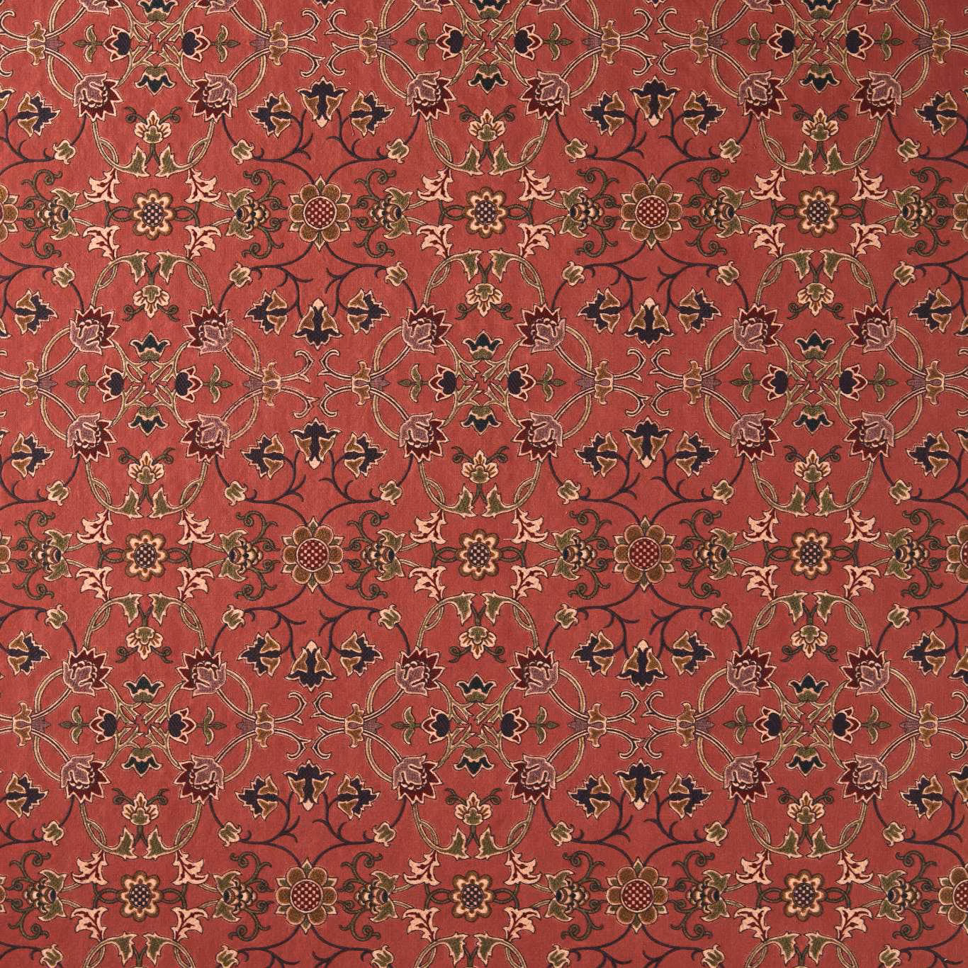 Plum-red floral scroll embroidery with ochre, beige and charcoal motifs