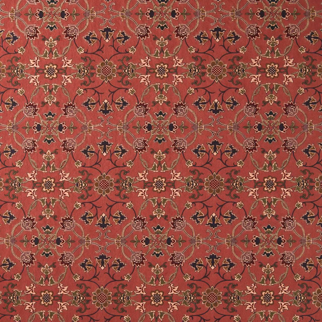 Plum-red floral scroll embroidery with ochre, beige and charcoal motifs