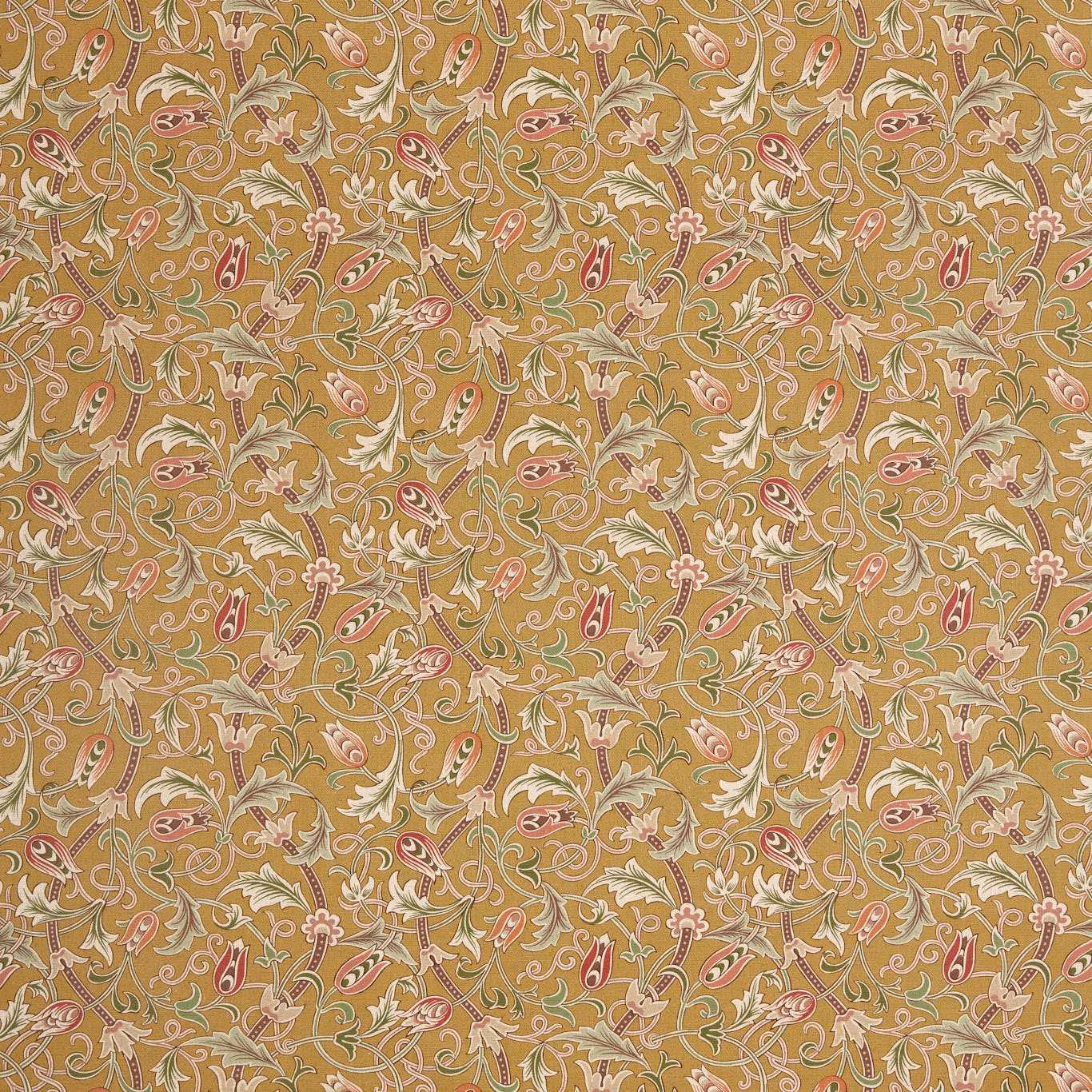 Ochre-gold fabric with dense scrolling tulips, cream leaves and coral paisley details