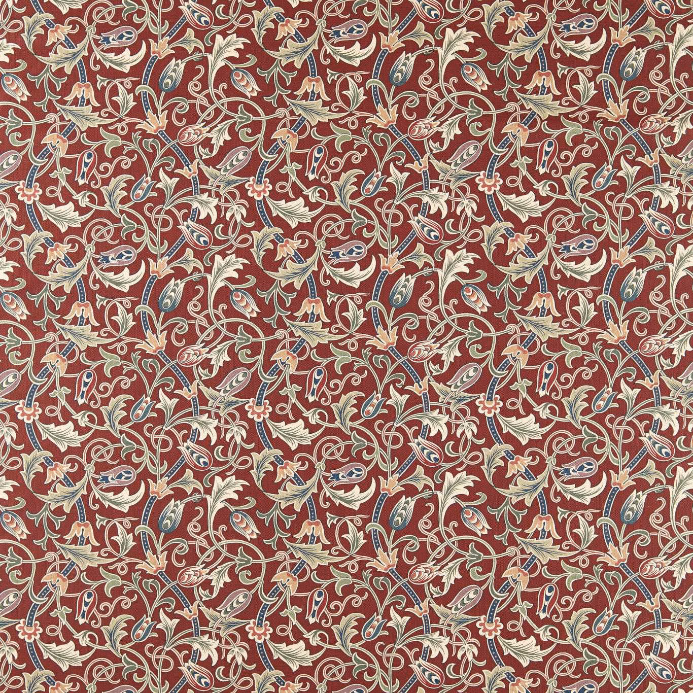 Dense cream and blue-grey tulips scrolling across a deep plum fabric ground