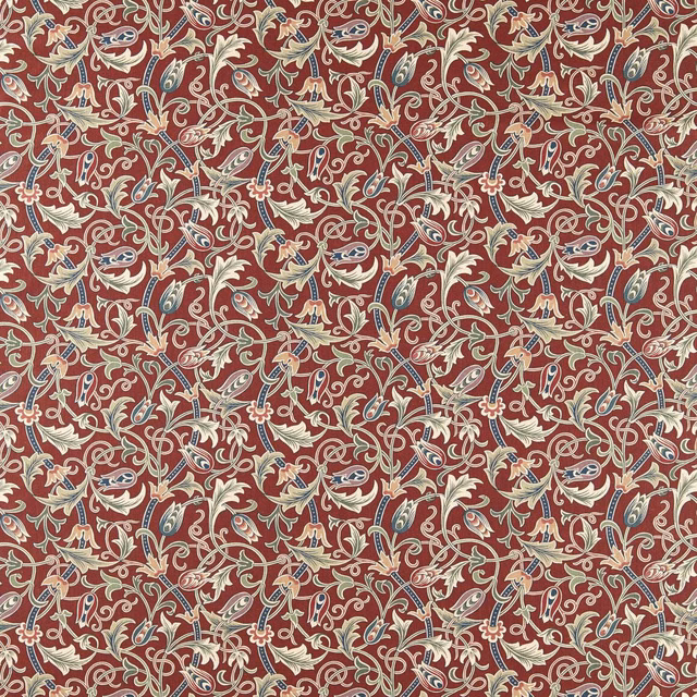 Dense cream and blue-grey tulips scrolling across a deep plum fabric ground