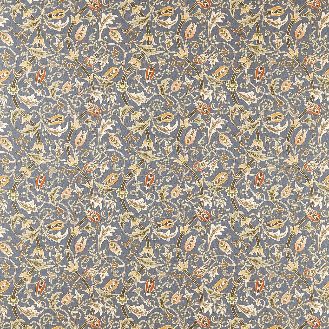 Slate blue-grey textile with apricot tulips, cream scrolls and fine woven texture