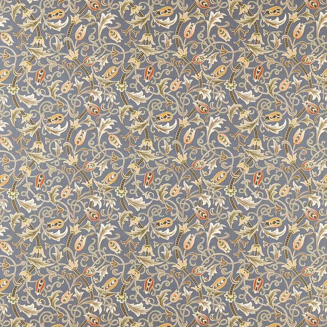 Slate blue-grey textile with apricot tulips, cream scrolls and fine woven texture