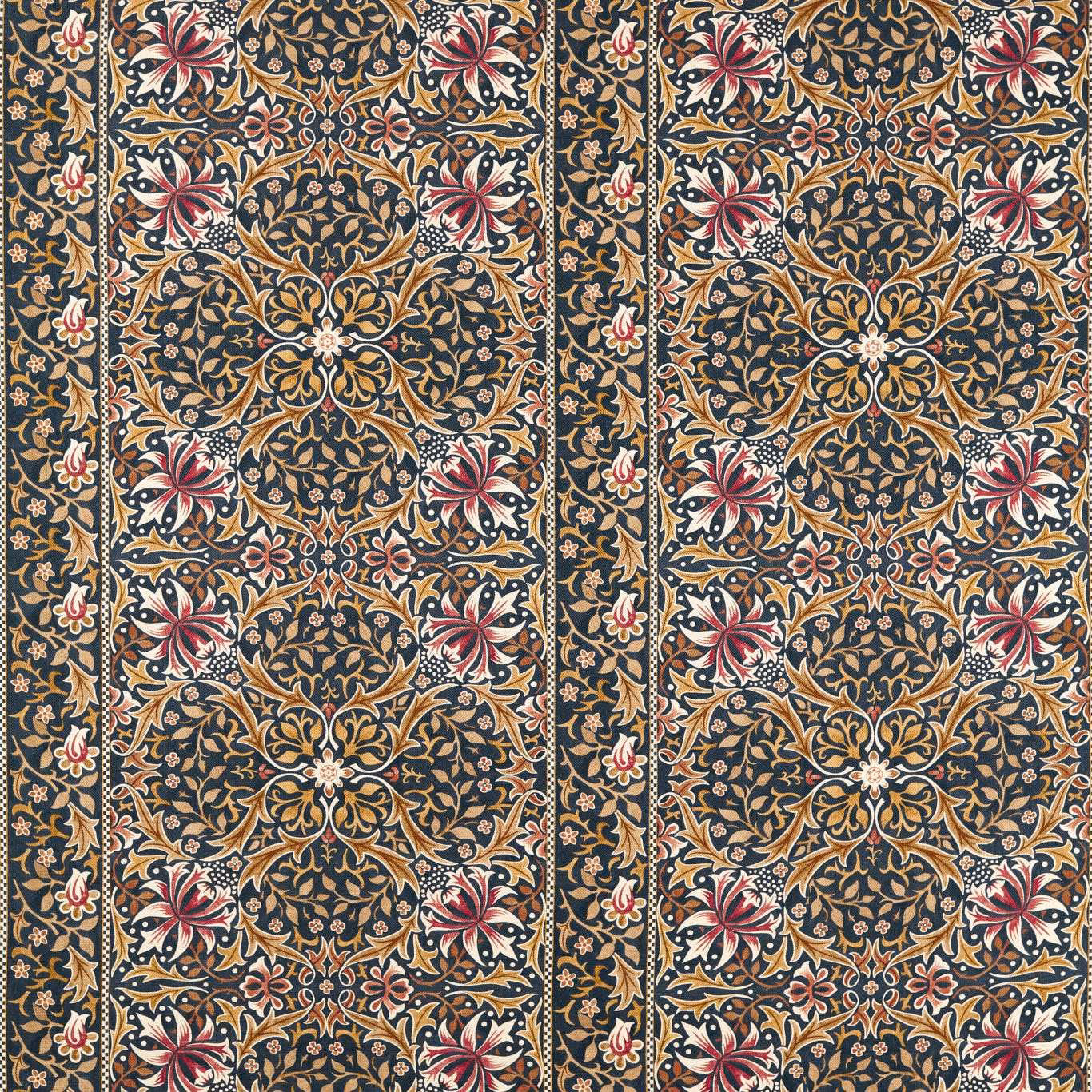 Indigo textile with ornate gold foliage, cream details and muted rose flowers