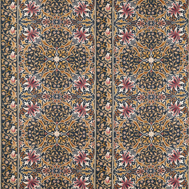 Indigo textile with ornate gold foliage, cream details and muted rose flowers