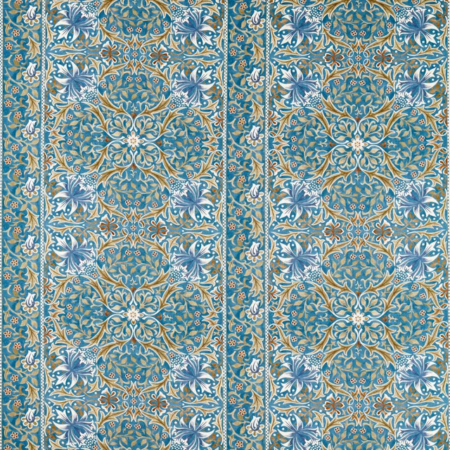 Teal and ochre botanical fabric with ornate medallions and pale blue leaf details