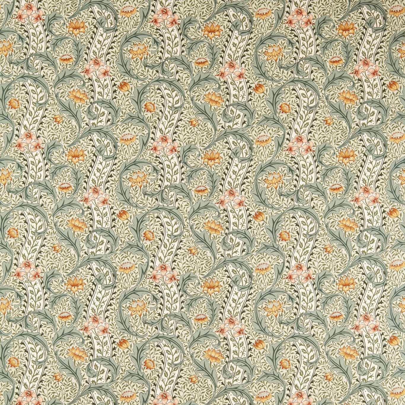 Bayleaf sage floral textile with ochre tulips, coral blossoms and scrolling blue-green vines