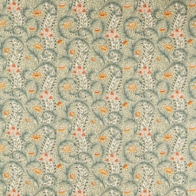 Bayleaf sage floral textile with ochre tulips, coral blossoms and scrolling blue-green vines