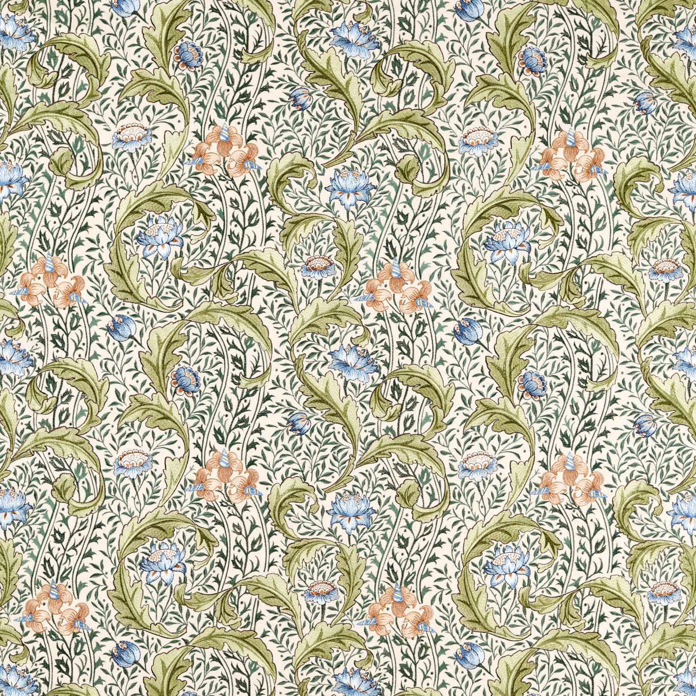 Cream floral embroidery with sage leaves, woad-blue blooms and peach tulips