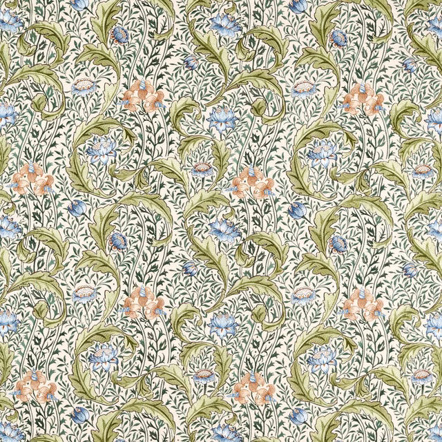 Cream floral embroidery with sage leaves, woad-blue blooms and peach tulips