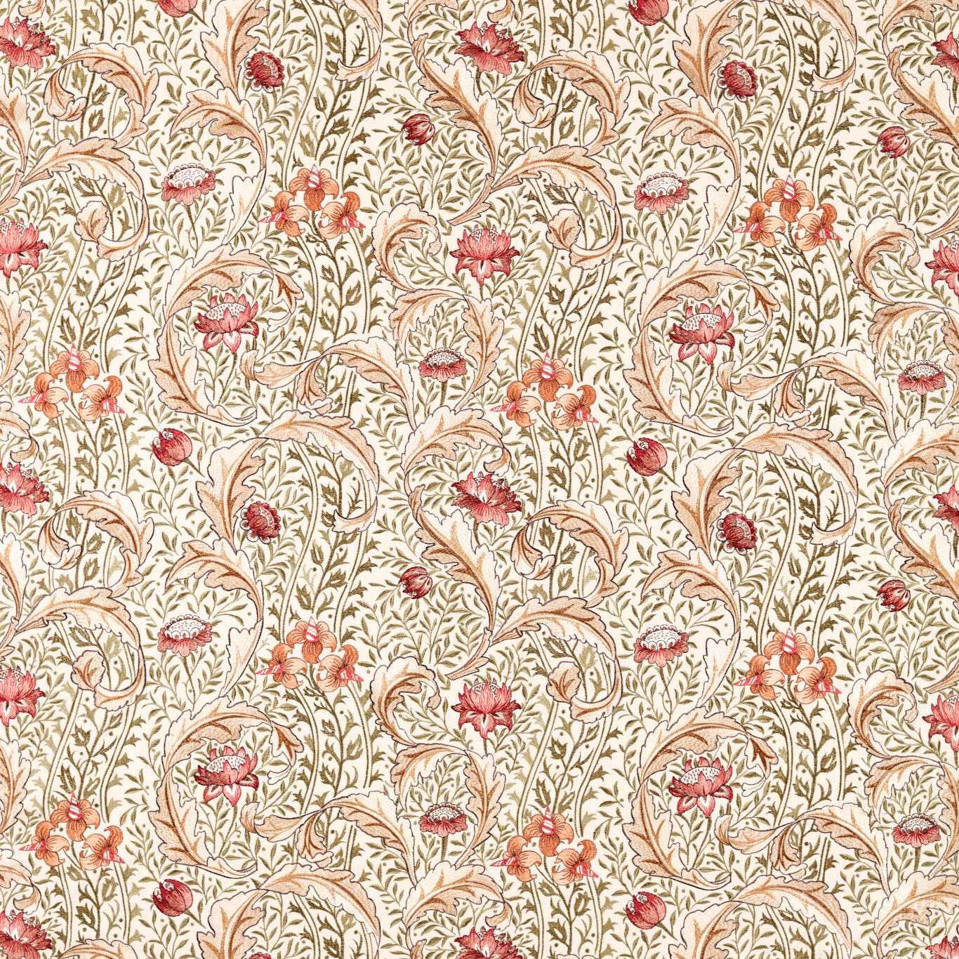Ivory floral embroidery with rose tulips, bayleaf vines and peach accents