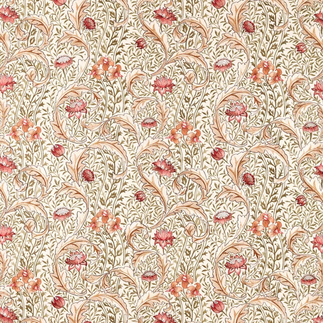 Ivory floral embroidery with rose tulips, bayleaf vines and peach accents
