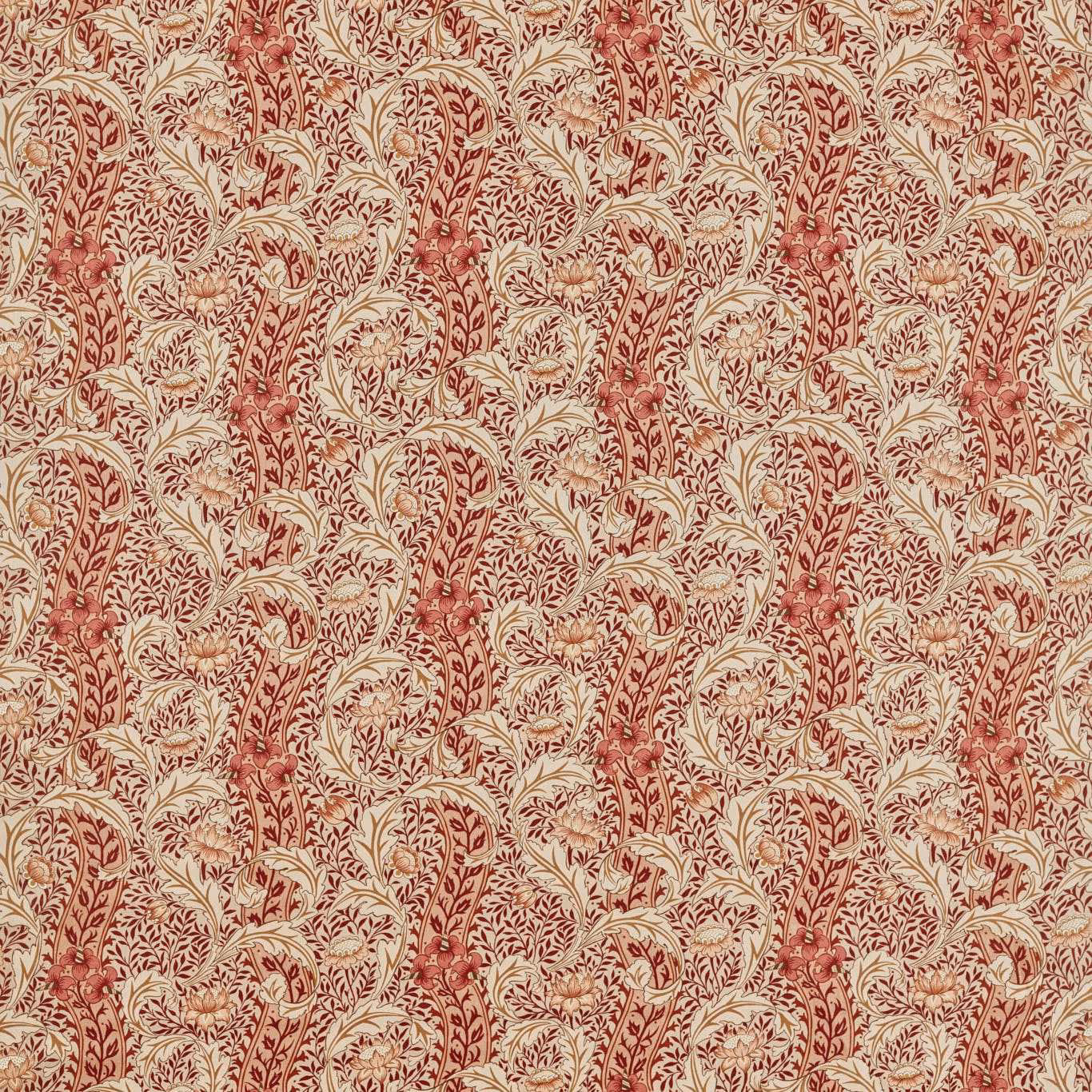 Ivory fabric with dusty plum tulips, curling vines and intricate leafy botanical detail