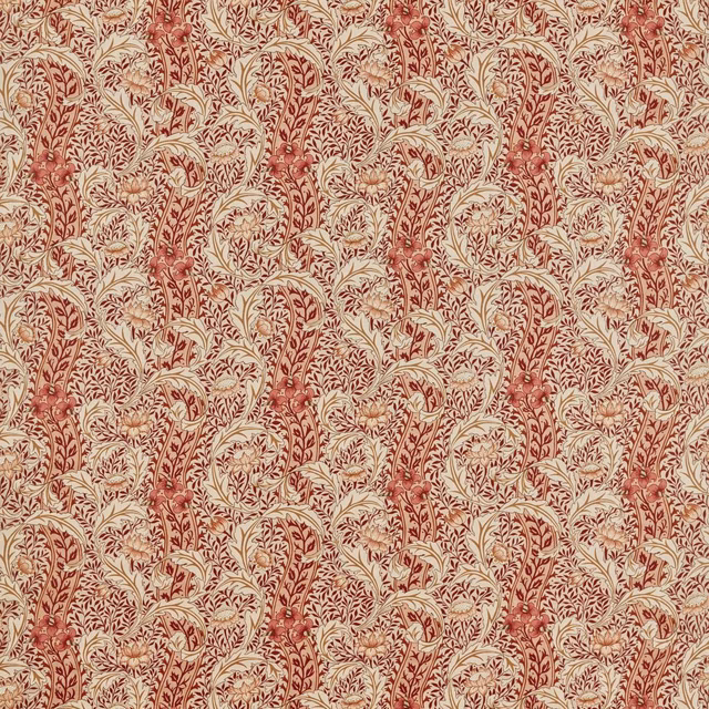 Ivory fabric with dusty plum tulips, curling vines and intricate leafy botanical detail
