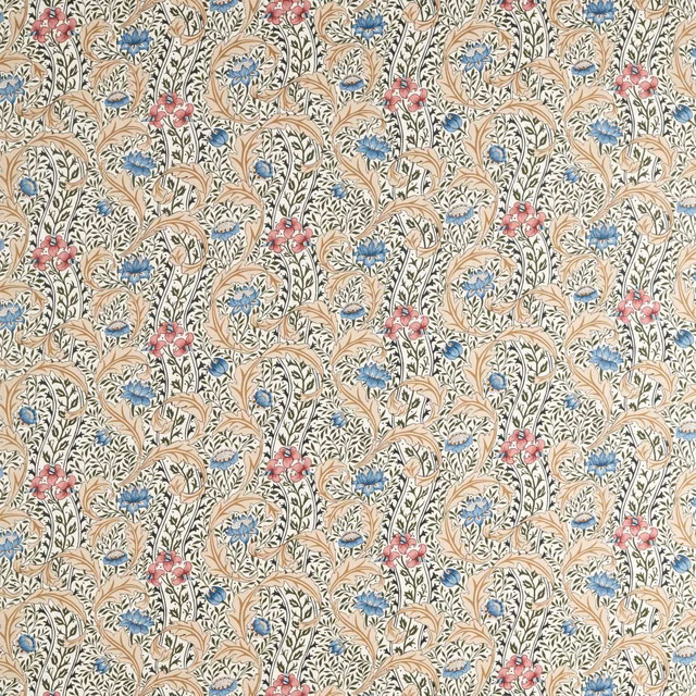 Warm beige floral ground with pink tulips, blue blossoms and scrolling vines