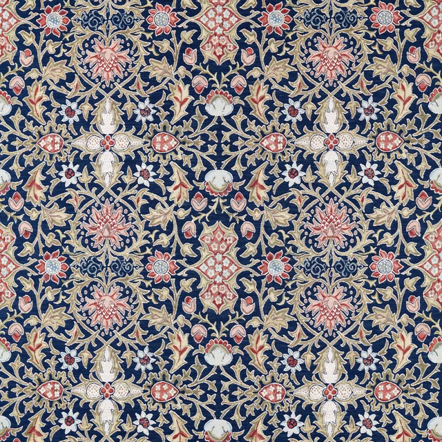 Deep indigo woven fabric with coral, ivory and sage botanical damask motifs