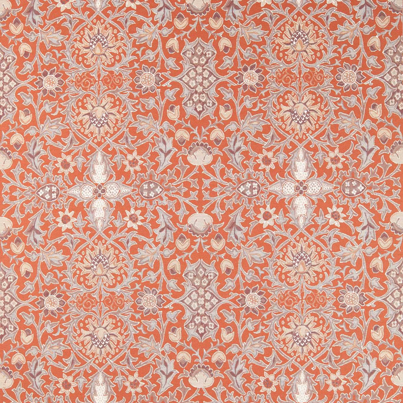 Russet terracotta woven fabric with cream and blue-grey scrolling floral motifs