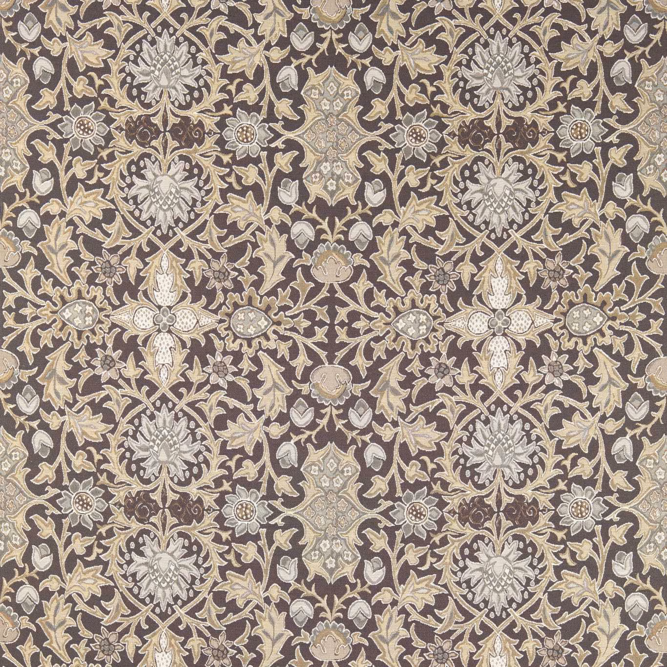 Slate taupe woven fabric with dense ivory floral damask and muted mauve details
