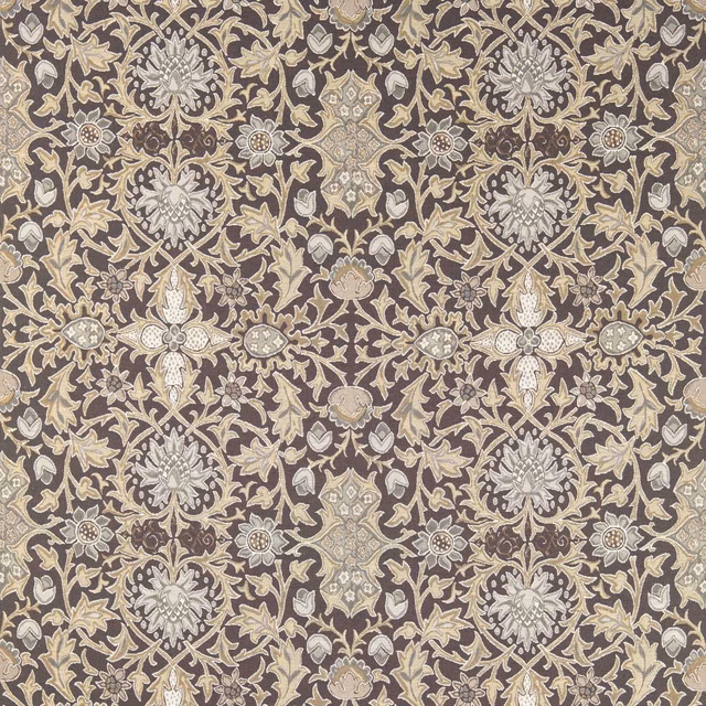 Slate taupe woven fabric with dense ivory floral damask and muted mauve details