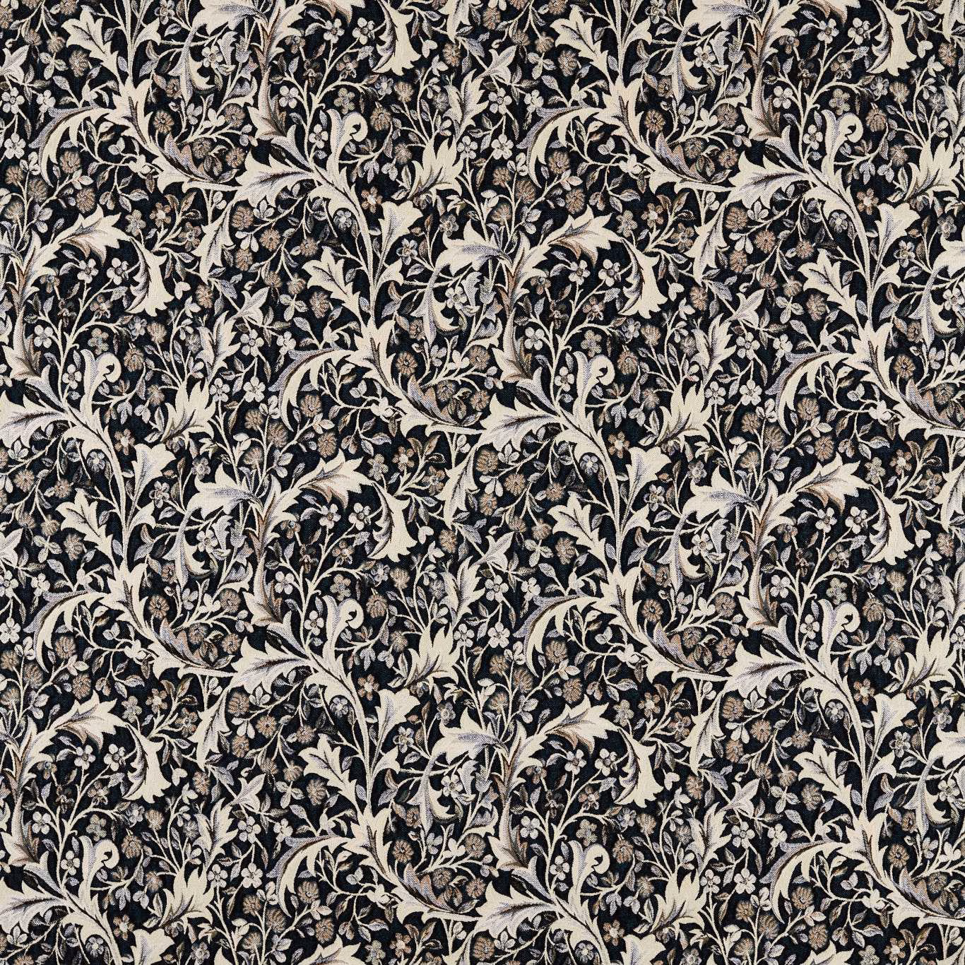 Dense cream and taupe botanical vines over a deep forest green woven ground