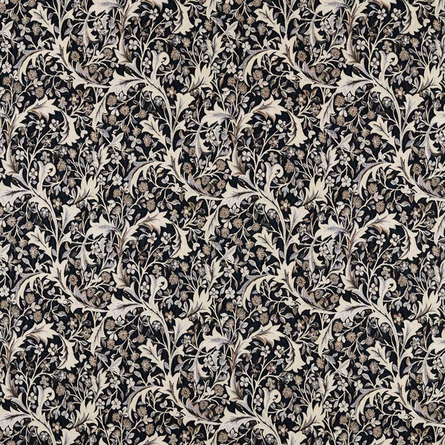 Dense cream and taupe botanical vines over a deep forest green woven ground