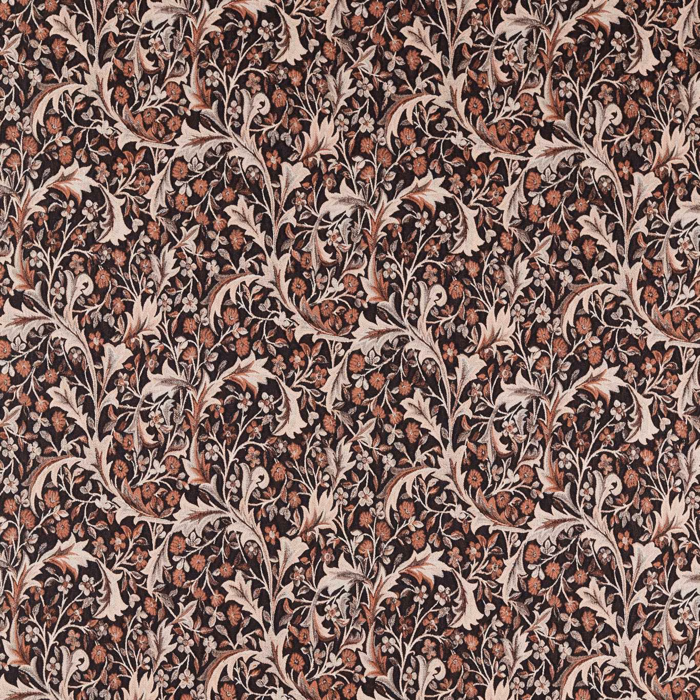 Dense russet floral vines with cream leaves and muted terracotta blossoms