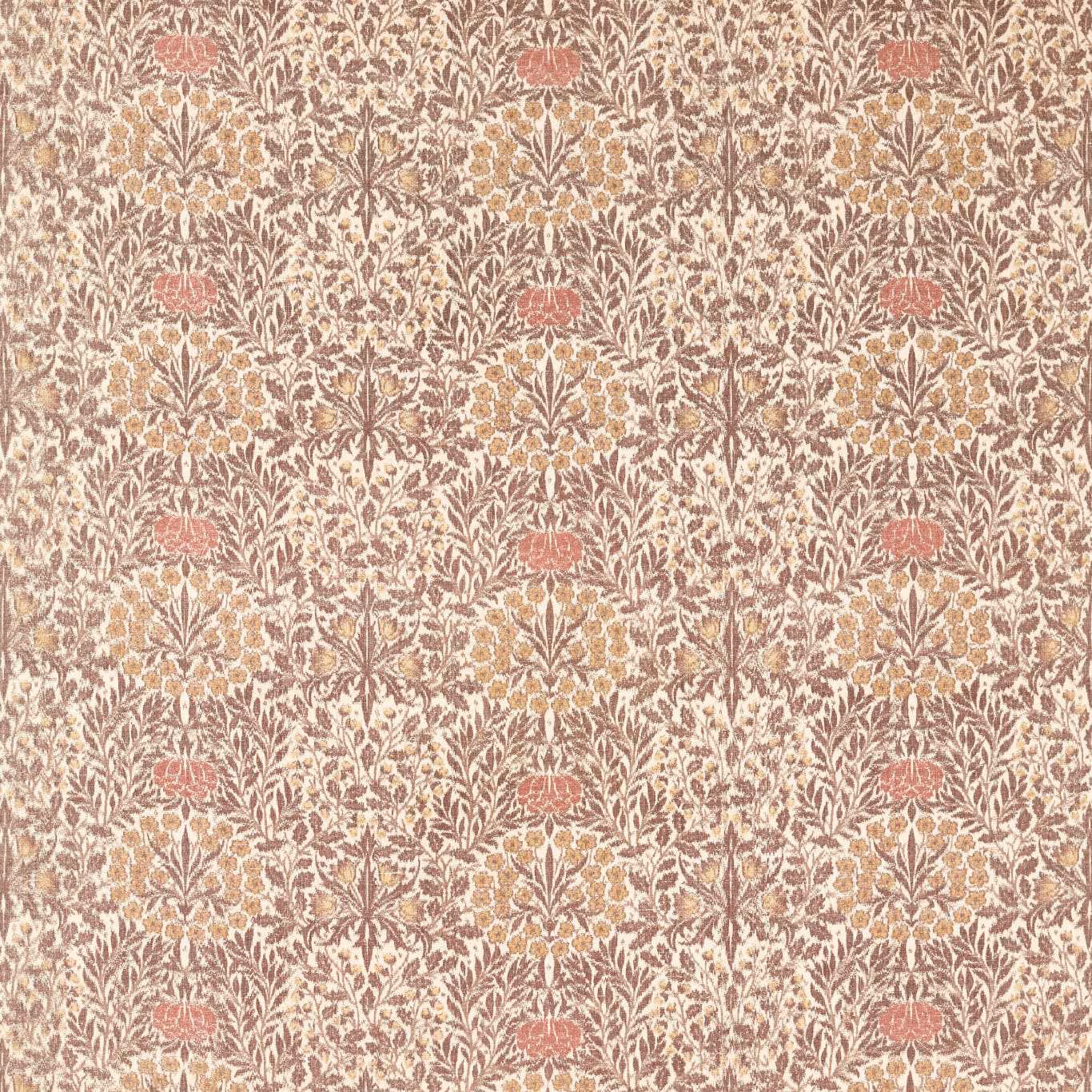 Chestnut and primrose floral fabric with coral flowers and dense leafy botanical detail