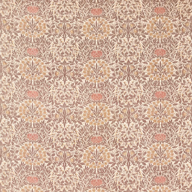 Chestnut and primrose floral fabric with coral flowers and dense leafy botanical detail